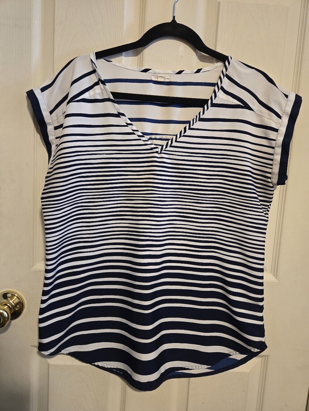 Antilia Femme Navy and White Striped V-Neck Short Sleeve Top